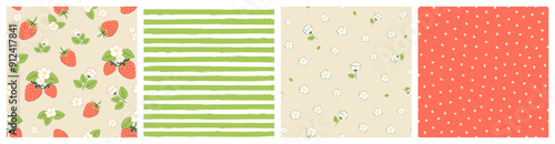 Vector illustration. Seamless patterns in orange, beige and green tones, strawberries, flowers, dots, hearts. Fruits, summer, vacation, fabric design, wrapping paper