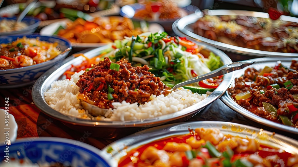 In the Chinese restaurant, there is an oversized silver plate with white rice and ground beef on it. The surrounding table has many plates of meat, various vegetables, all neatly arranged in one row. In the Chinese restaurant, there is an oversized silver plate with white rice and ground beef on it. The surrounding table has many plates of meat, various vegetables, all neatly arranged in one row.