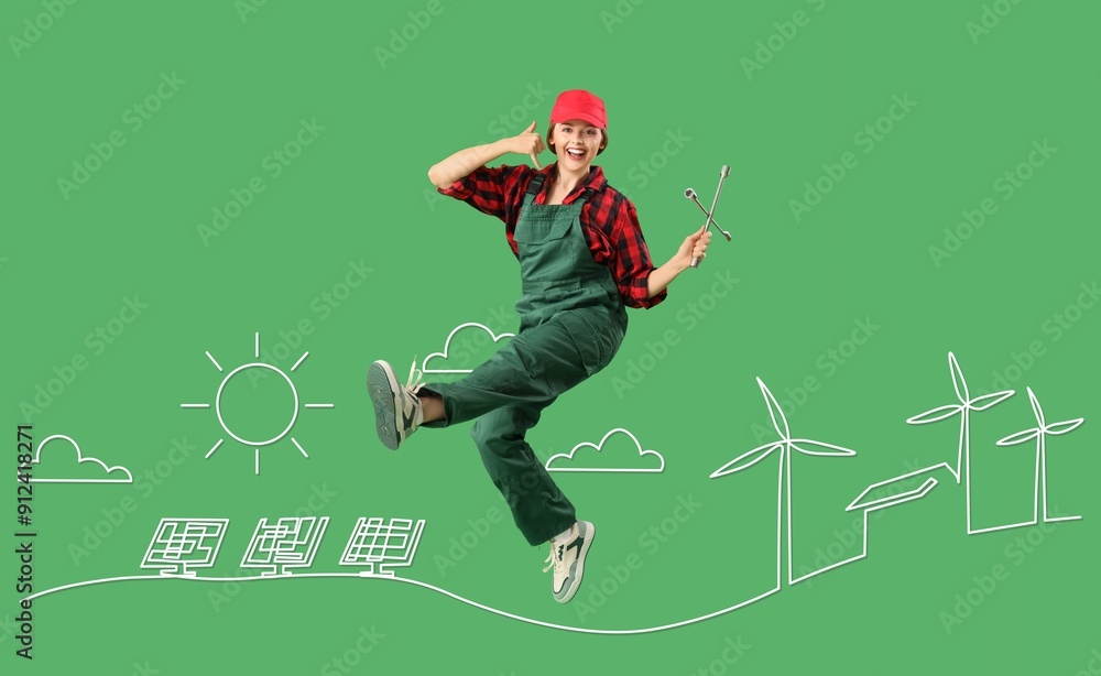Fototapeta premium Jumping female engineer, drawn solar panels and windmills on green background