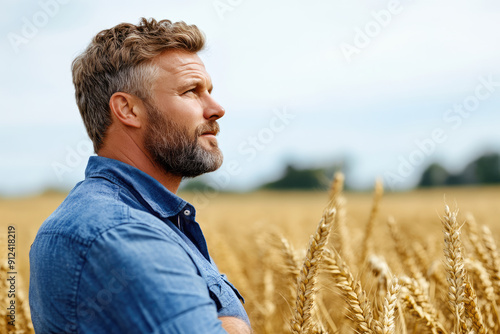 Farmer observing wheat crop in field