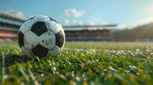 Close-up football ball on grass with football stadium background.