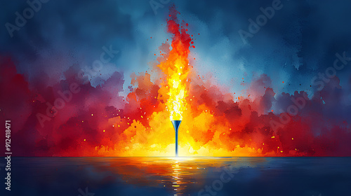 he 2024 Olympic Games in Paris, France. Watercolor image of the Olympic torch on an empty background. The moment of awarding and issuing medals