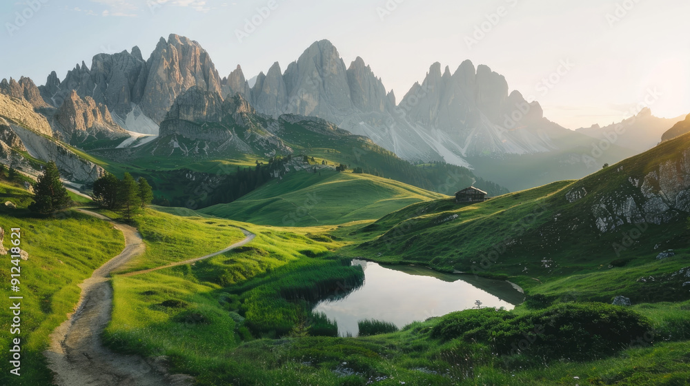A scenic view of a mountain range, a lake, and a wooden walkway A scenic view of a mountain range, a lake, and a wooden walkway