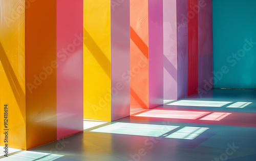 Colorful vertical stripes with sunlight and shadows on a smooth floor.