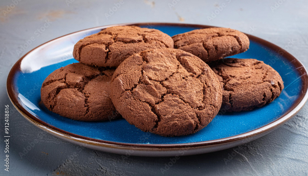 Fototapeta premium Closeup of Round, Brown, Cookies on a Blue Plate and Copy Space