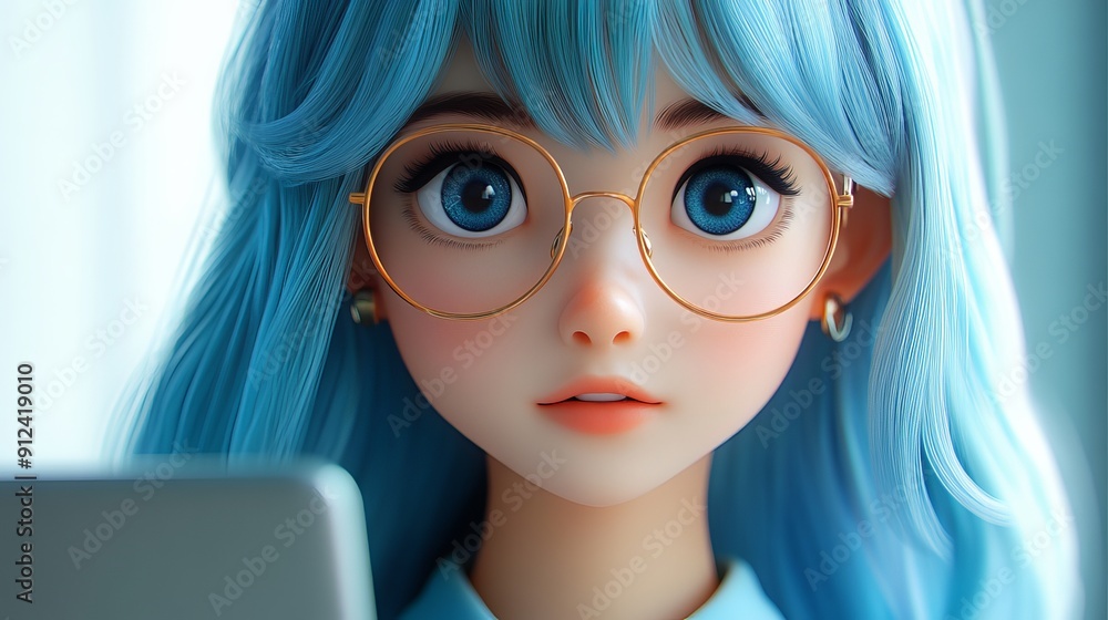 Girl With Blue Hair and Glasses Using a Laptop in Bright Room Girl With Blue Hair and Glasses Using a Laptop in Bright Room