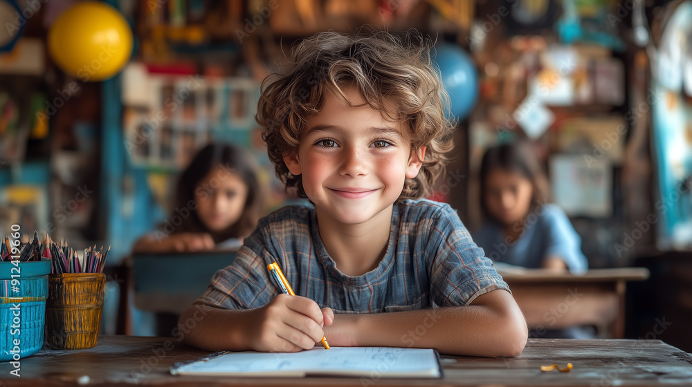 Elementary little boy student sitting at a classroom desk. Elementary little boy student sitting at a classroom desk.