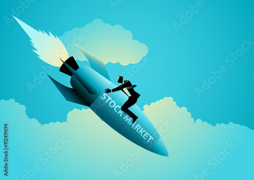 Businessman holding tightly to a rocket labeled Stock Market as it rapidly dives downwards. Symbolizes financial turmoil, market crashes, economic challenges, and risks of the stock market