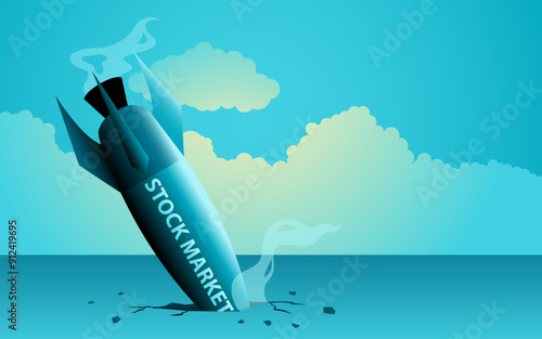 Vector illustration of a rocket labeled Stock Market that has crashed. Ideal for themes of financial instability, market downturns, and economic challenges, symbolizes the impact of market crashes