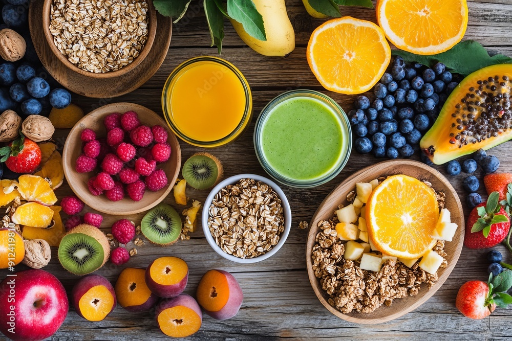 A vibrant arrangement of healthy foods including granola, fresh fruits like oranges, blueberries, raspberries, and bananas, along with smoothies and juices on a wooden table. A vibrant arrangement of healthy foods including granola, fresh fruits like oranges, blueberries, raspberries, and bananas, along with smoothies and juices on a wooden table.