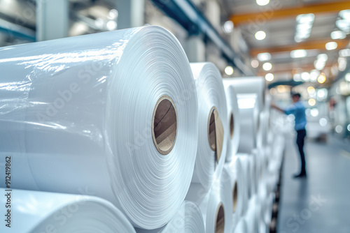 Factory worker inspecting large rolls of white plastic in warehouse photo