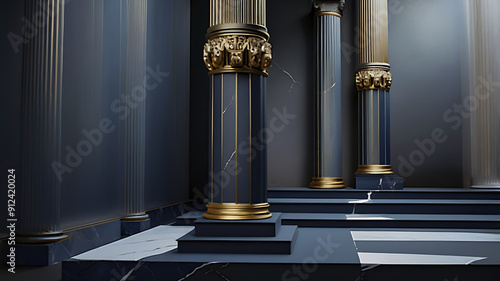 Image showcases a classical architectural style with a central focus on a dark, elegant pedestal featuring two golden Corinthian columns. photo