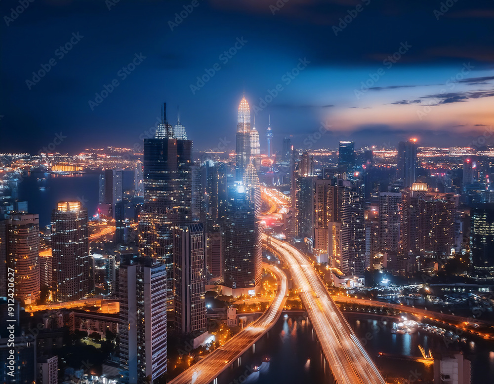 Fototapeta premium Cityscape of a metropolis at night, showcasing urban life, skyscrapers, city lights, modern architecture, bustling city, and metropolitan atmosphere.
