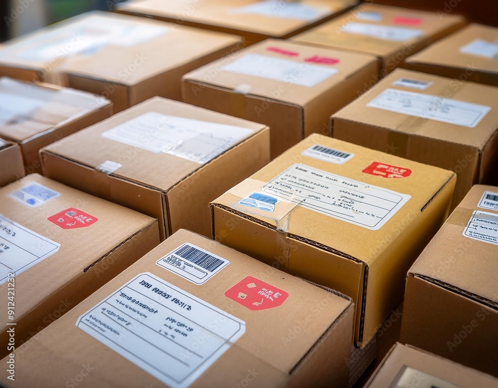 Shipping labels on packages, representing logistics, delivery, and transportation. Shipping labels on packages, representing logistics, delivery, and transportation.