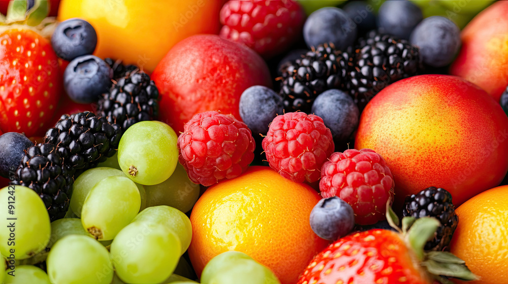 A vibrant collection of assorted fruits including berries, grapes, and peaches, perfect for a healthy lifestyle. A vibrant collection of assorted fruits including berries, grapes, and peaches, perfect for a healthy lifestyle.