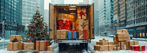 Delivery truck bringing christmas presents in a snowy city