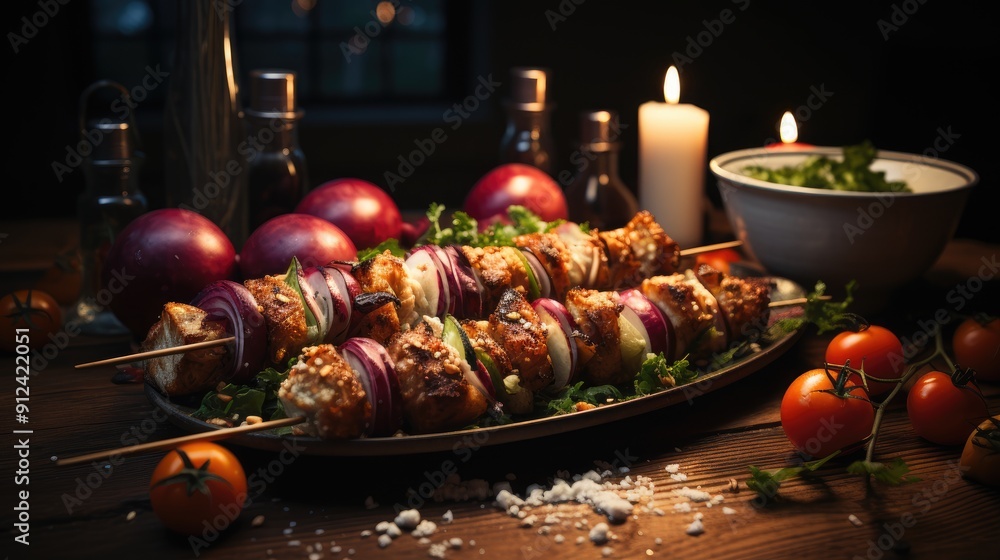 an image of kebab on wooden table, with vegetables and meat on top an image of kebab on wooden table, with vegetables and meat on top