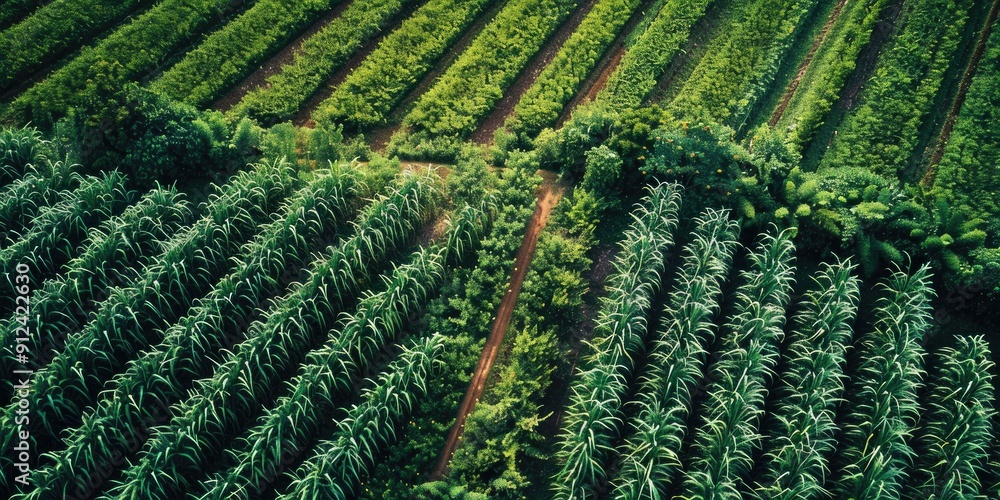Aerial perspective of sugarcane cultivation in the field Aerial perspective of sugarcane cultivation in the field
