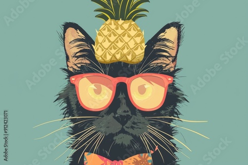 Funny black cat with a pineapple hat in his hair. Vector illustration.
