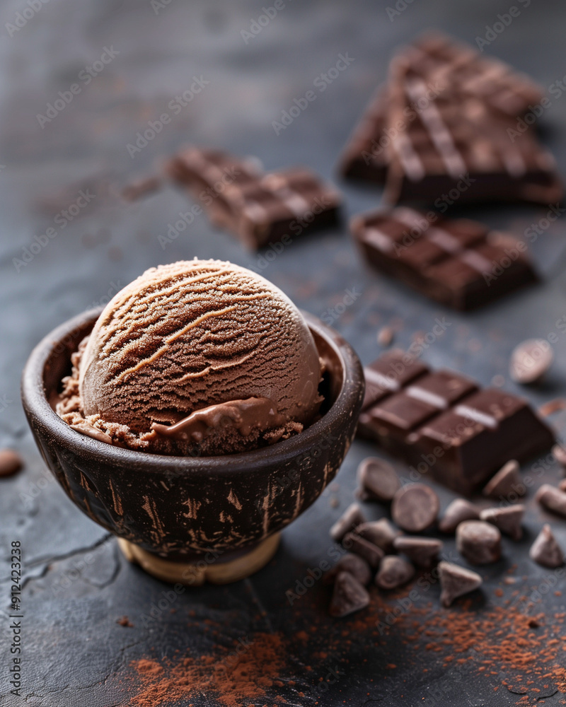 A scoop of chocolate ice cream in a dark chocolate bowl. A scoop of chocolate ice cream in a dark chocolate bowl.