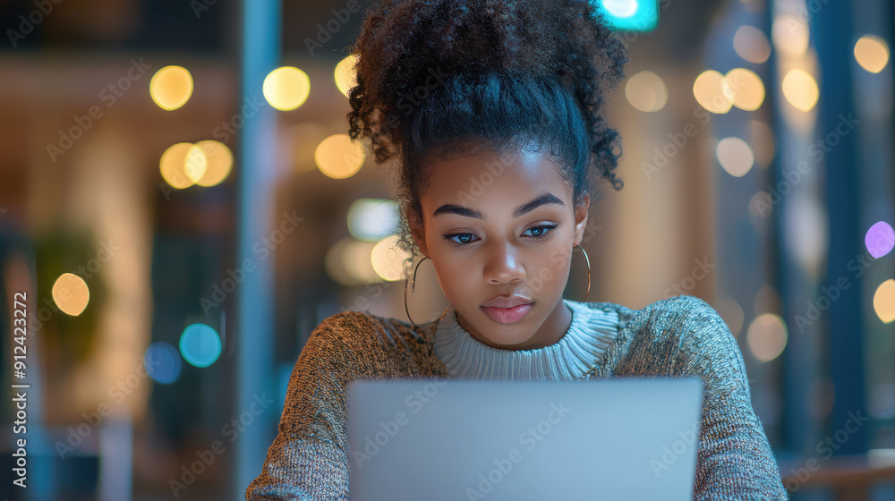 Young black woman working late using laptop in cafe Young black woman working late using laptop in cafe