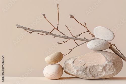 Still Life Background. Neutral Beige and Brown Scene with Stones and Dry Branch for Product Display