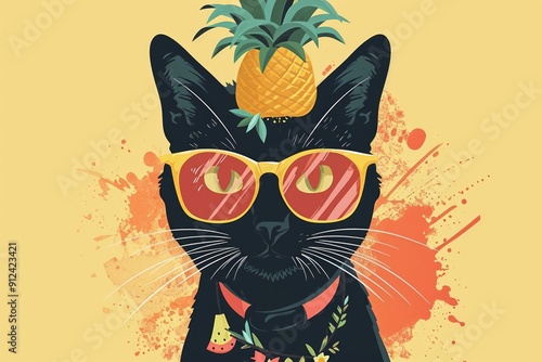 Vector illustration of a black cat in sunglasses with a pineapple hat 