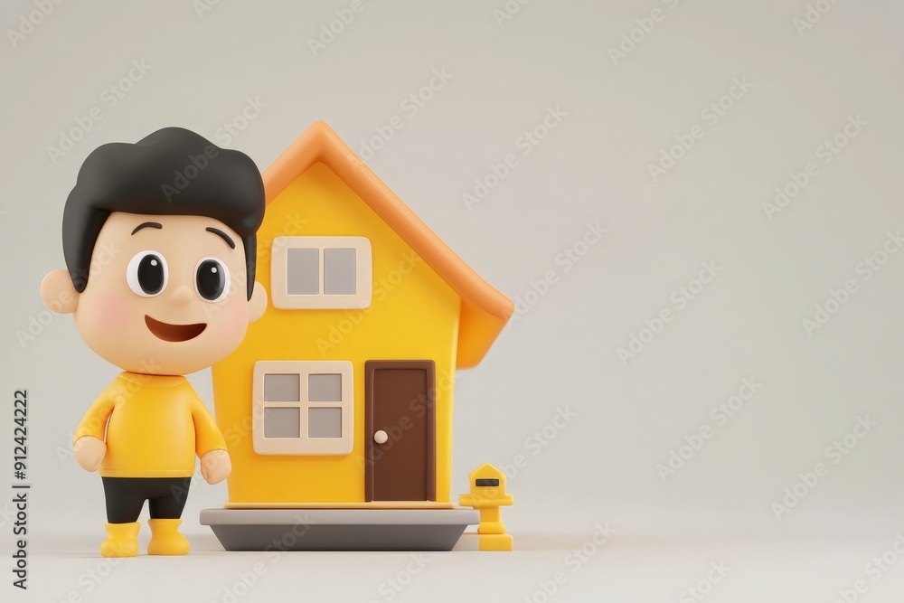 Happy Boy Standing in Front of a Yellow House. Happy Boy Standing in Front of a Yellow House.
