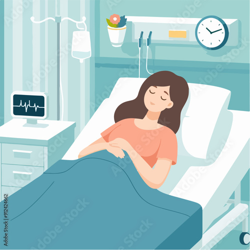 Hospitalization Concept: Doodle Art of a Sick Man in a Hospital Bed