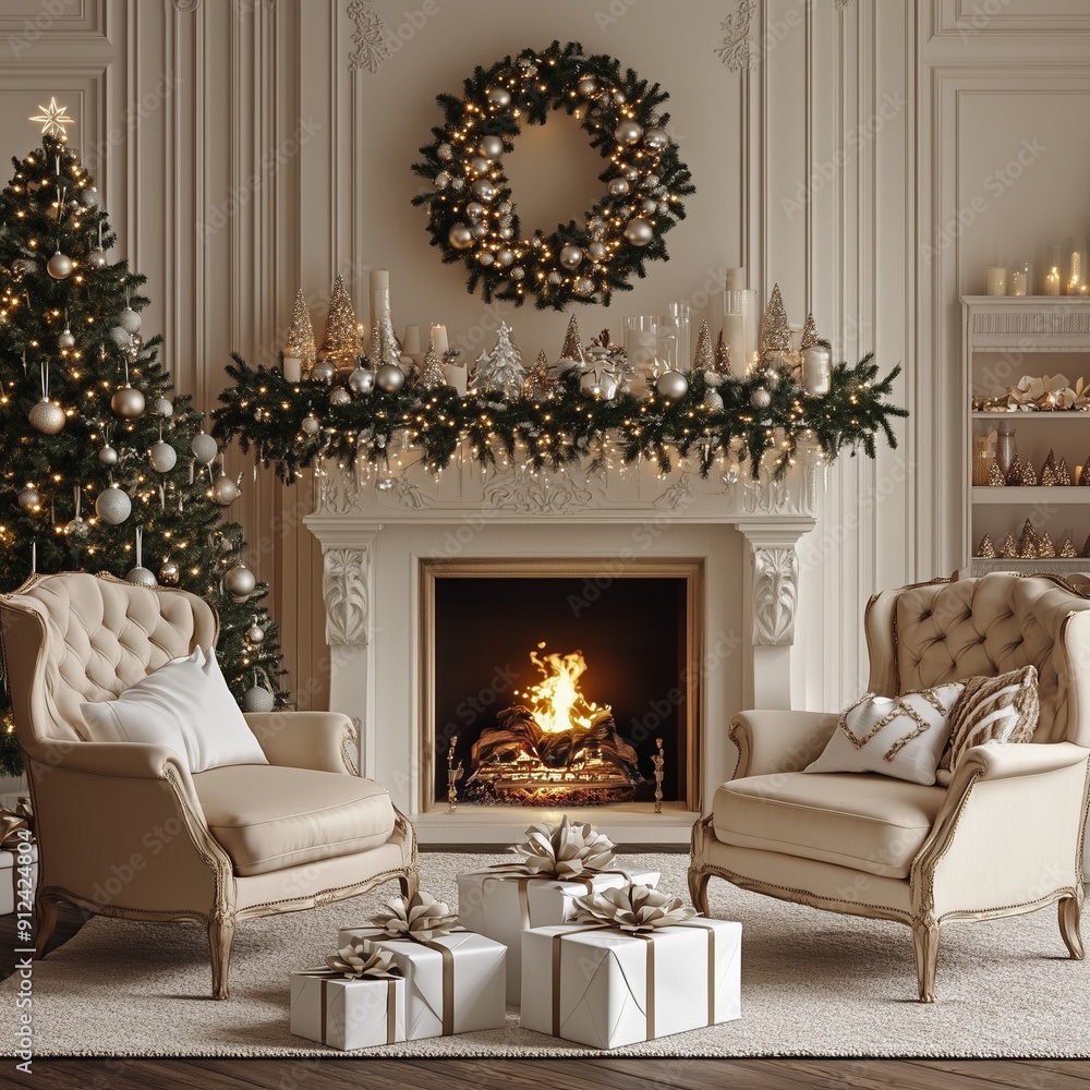 Fototapeta premium Luxurious living room with two elegant armchairs, a beautifully decorated Christmas tree, and a cozy fireplace with wrapped presents and festive holiday decor