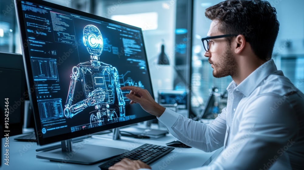 A man is working on a computer monitor with a robot on it A man is working on a computer monitor with a robot on it