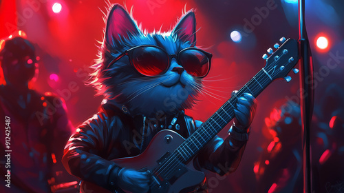 Cartoon cat rock guitarist on stage