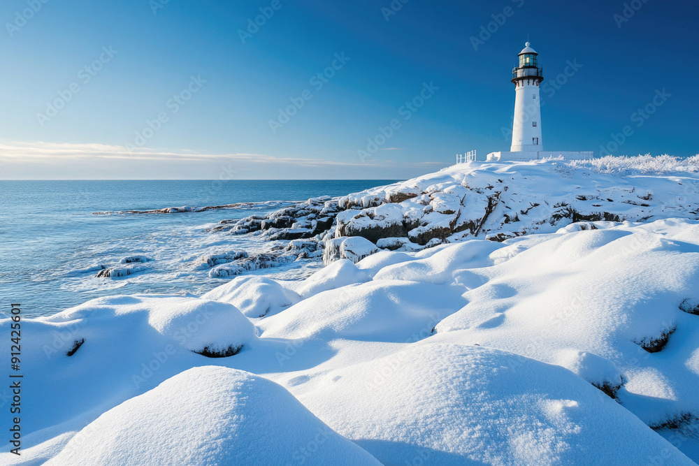 A lighthouse covered in snow by the winter sea. A lighthouse covered in snow by the winter sea.