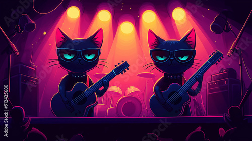 Two cartoon cats rock guitarists on stage