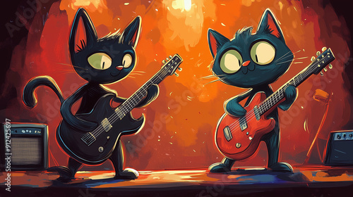 Two  cartoon black cats rock guitarists on stage