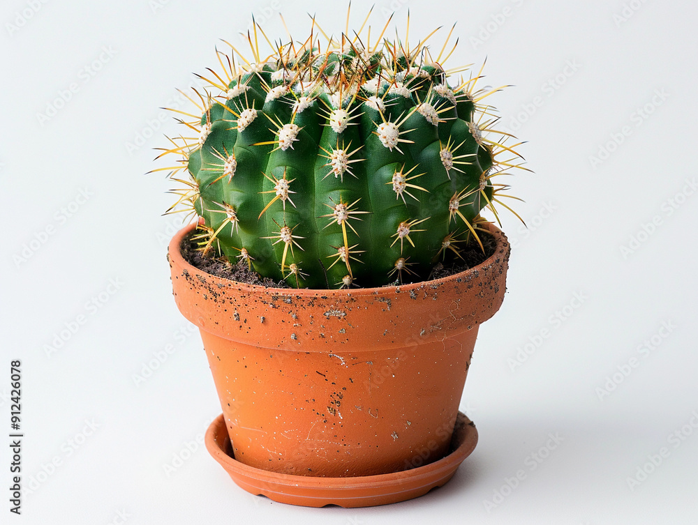 Round Green Cactus in Terracotta Pot With Spines Against Simple Background Round Green Cactus in Terracotta Pot With Spines Against Simple Background