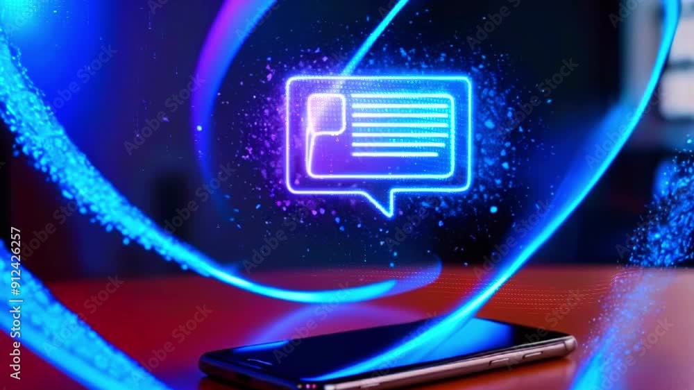 Glowing chat icon above smartphone, digital communication concept. Glowing chat icon above smartphone, digital communication concept.
