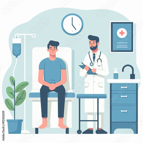 Hospitalization Concept: Doodle Art of a Sick Man in a Hospital Bed