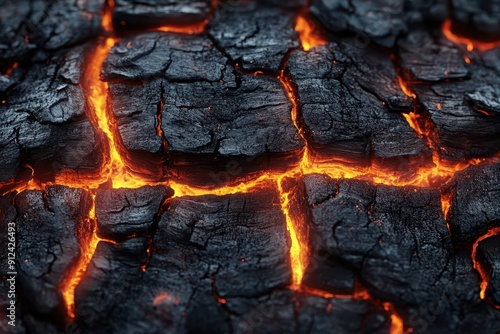 smoldering wood texture closeup of charred wood with glowing embers pulsing beneath the blackened surface orange and red veins of heat create an abstract organic pattern