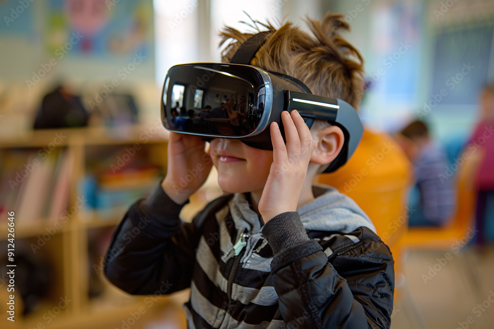 A young boy using a virtual reality VR headset in the classroom A young boy using a virtual reality VR headset in the classroom