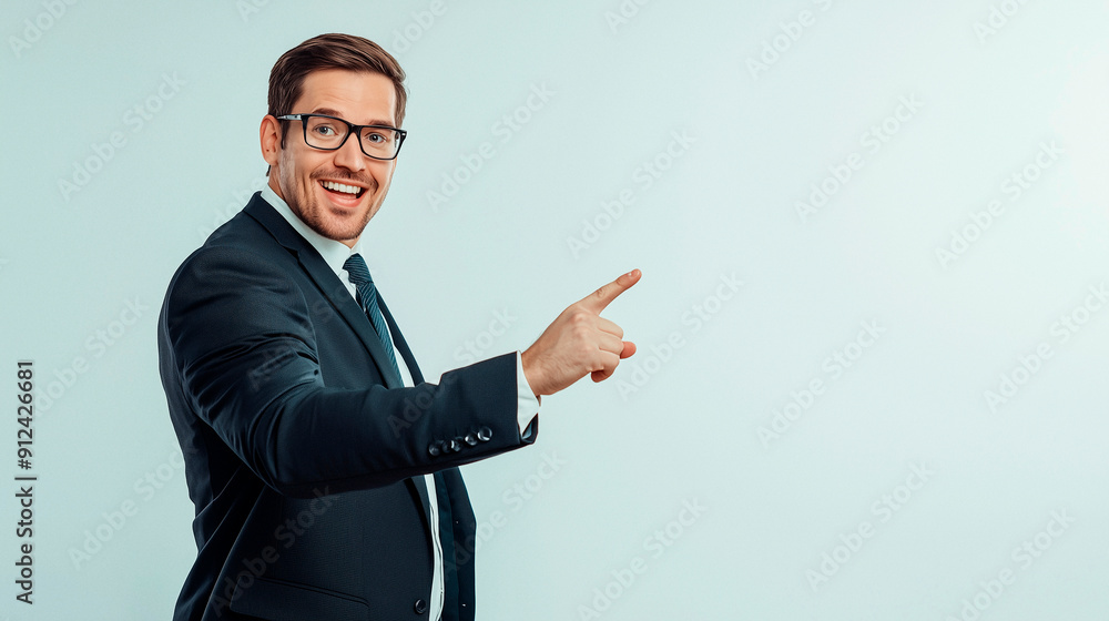 Lächelnder Geschäftsmann im Anzug zeigt: Professionelle Präsentation und Erfolg im Business Lächelnder Geschäftsmann im Anzug zeigt: Professionelle Präsentation und Erfolg im Business