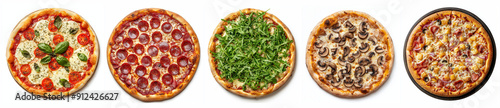Pizza collection, margharita, pepperoni, arugula, funghi and hawaii, isolated on a transparent background, italian food bundle
