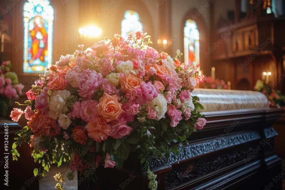 solemn funeral scene in historic church ornate coffin adorned with ...