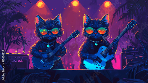Dos gatos de dibujos animados son guitarristas en el escenario