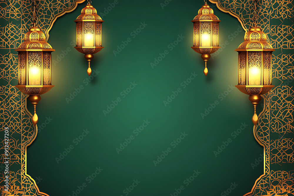 Hanging lanterns on blue beautiful arabesque pattern background with copy space Hanging lanterns on blue beautiful arabesque pattern background with copy space