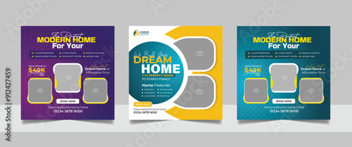 Real Estate House Property Social Media Post Set, Modern Home Furniture Sale Marketing Promotion Square Flyer Design Web Banner Template.