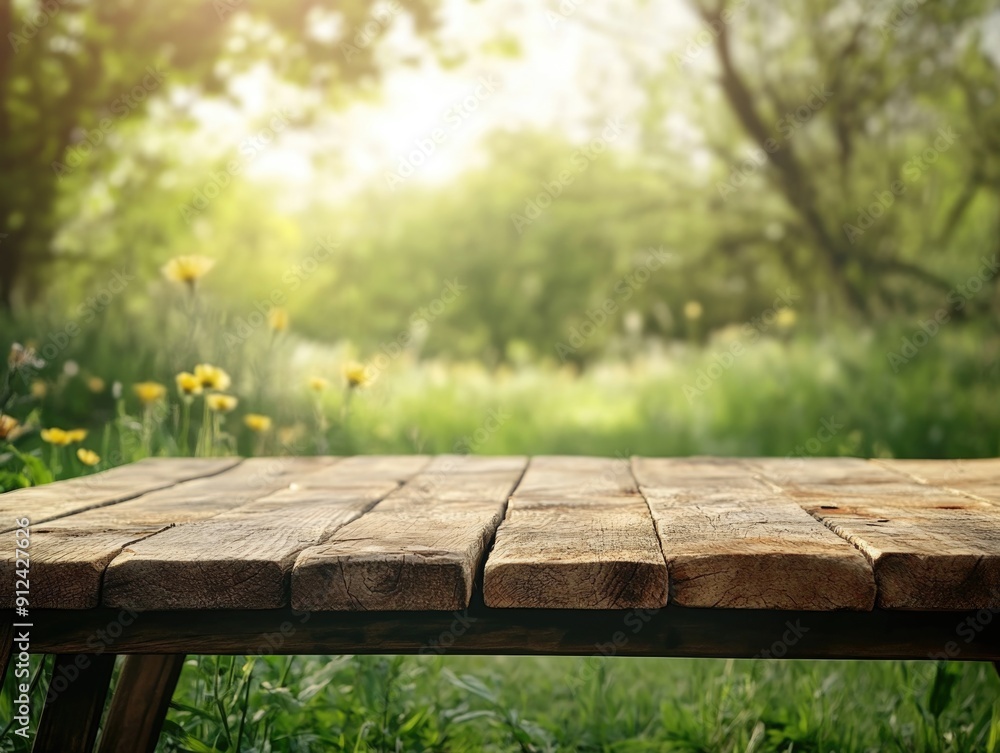 A simple wooden table sits in the middle of an open field, surrounded by nature A simple wooden table sits in the middle of an open field, surrounded by nature