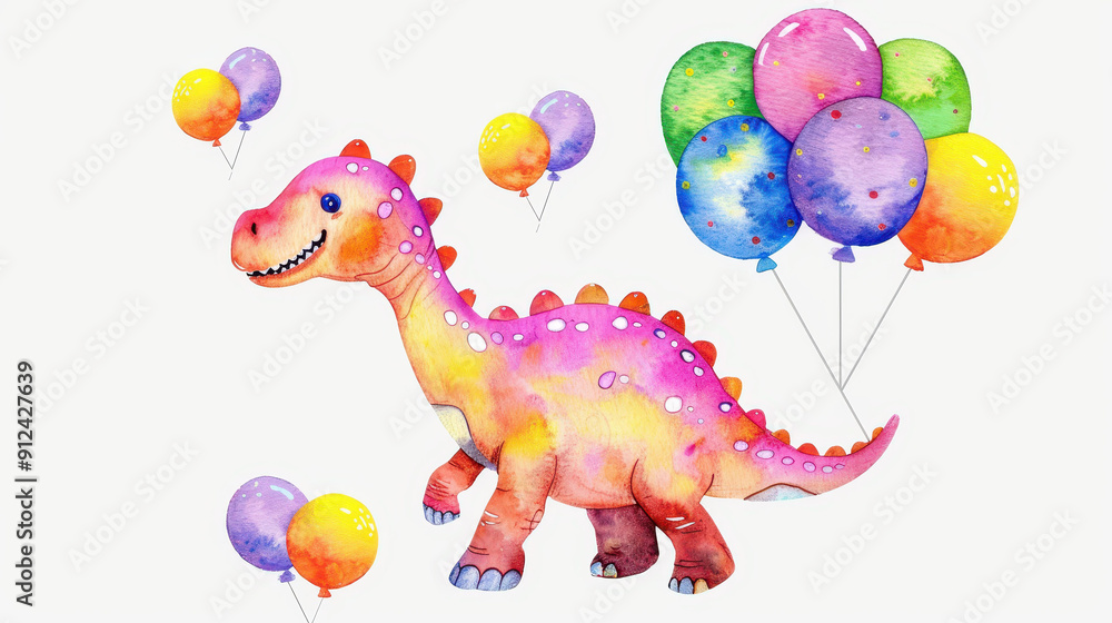 Obraz premium Adorable watercolor dinosaur soaring with colorful balloons, perfect for baby showers or cheerful postcards