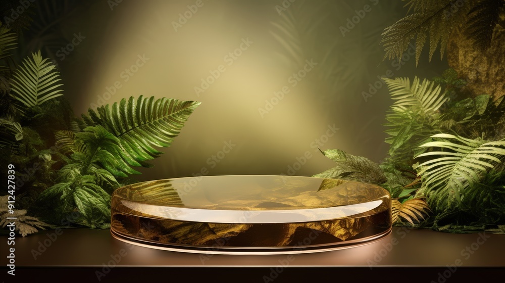 Product Display with Golden Platform and Green Foliage Product Display with Golden Platform and Green Foliage
