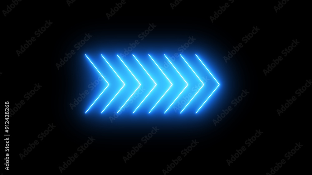 Right directional arrow sign. Set of bright arrows pointing to the right. Flashing direction indicators. render of glowing neon arrows on a black background Right directional arrow sign. Set of bright arrows pointing to the right. Flashing direction indicators. render of glowing neon arrows on a black background